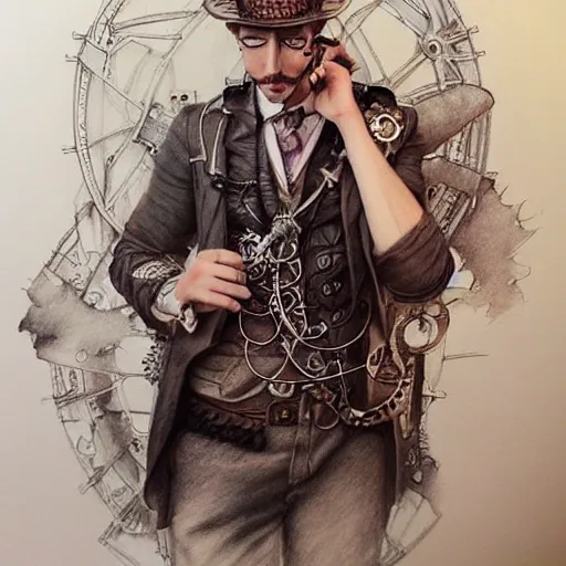 Prompt: hyper realistic pencil drawing of a man steampunk, water color, full portrait, detailed, rim light, diffused, intricate, by anna dittmann,