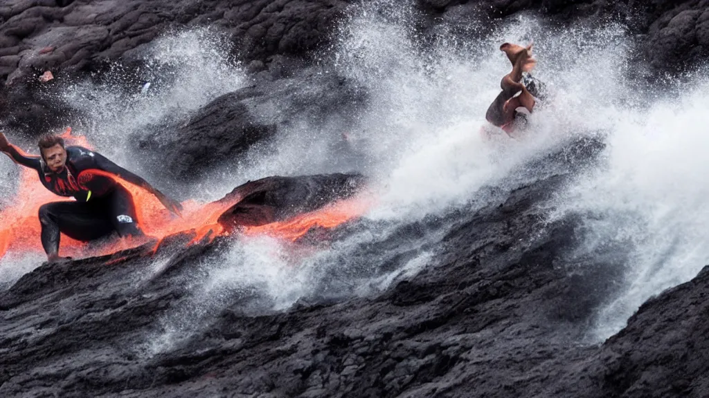 Image similar to person wearing a sponsored team jersey with logos surfing down a river of lava on the side of a volcano on surfboard, action shot, dystopian, thick black smoke and fire, sharp focus