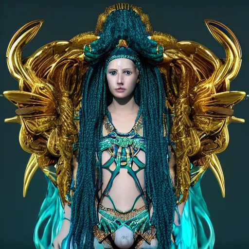 Prompt: unreal engine, octane render, 8 k, sandro botticelli full body portrait of lady of elche egyptian sumerian goddess princess intergalactica, nautical siren, queen of heaven, techno mystic goddess, with aqua neon dreadlocks, teal eyebrows encrusted with diamonds, wearing iris van herpen haute couture, star - gate of futurisma,