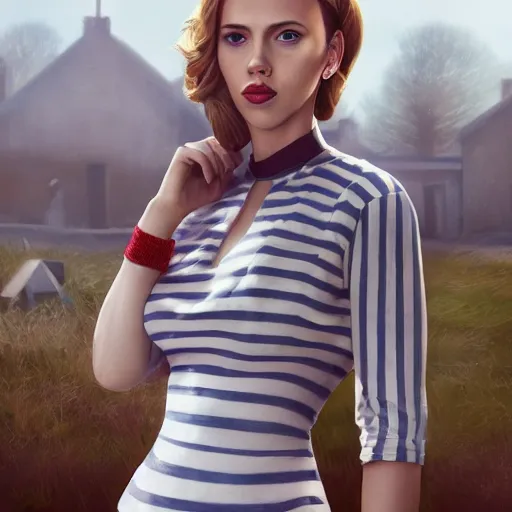 Prompt: fullbody portrait of scarlett johansson in white blue striped dress, russian ww 1 village at background, red bow in hair, style ivan talavera and artgerm, radiant lighting, hyper realistic, photorealistic, octane render, trending on artstation, cgsociety, cinematic light, global illumination