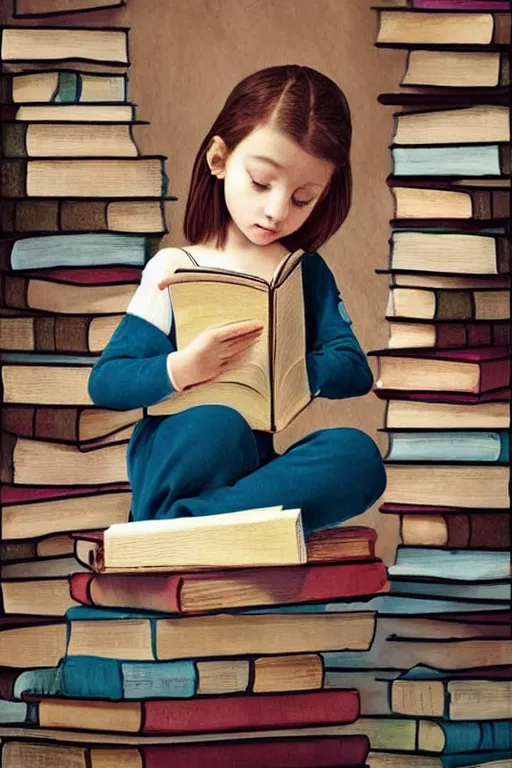 Image similar to a little girl sits cross legged on top of a tall pile of books. she is reading. clean elegant pretty cartoon painting, beautiful detailed face.