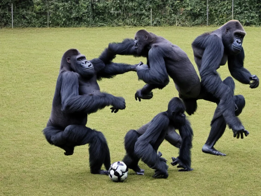 Prompt: a gorilla kicking a ball towards the rival goal, vivid