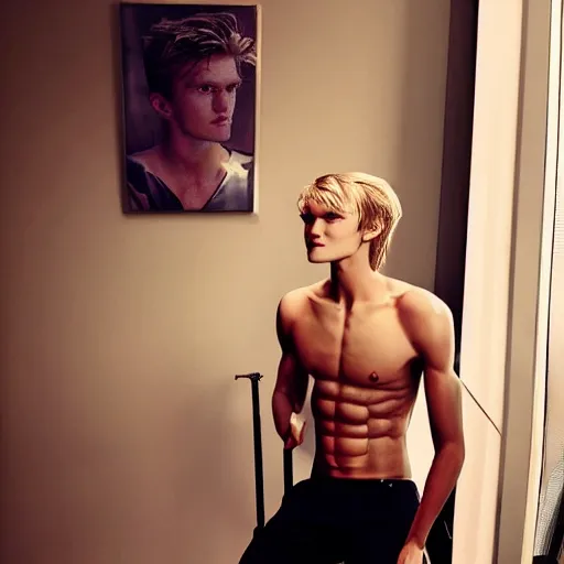 Image similar to a realistic detailed photo of a guy who is an attractive humanoid who is half robot and half humanoid, who is a male android, soccer player martin ødegaard, shiny skin, posing like a statue, blank stare, in a living room, on display, showing off his muscles