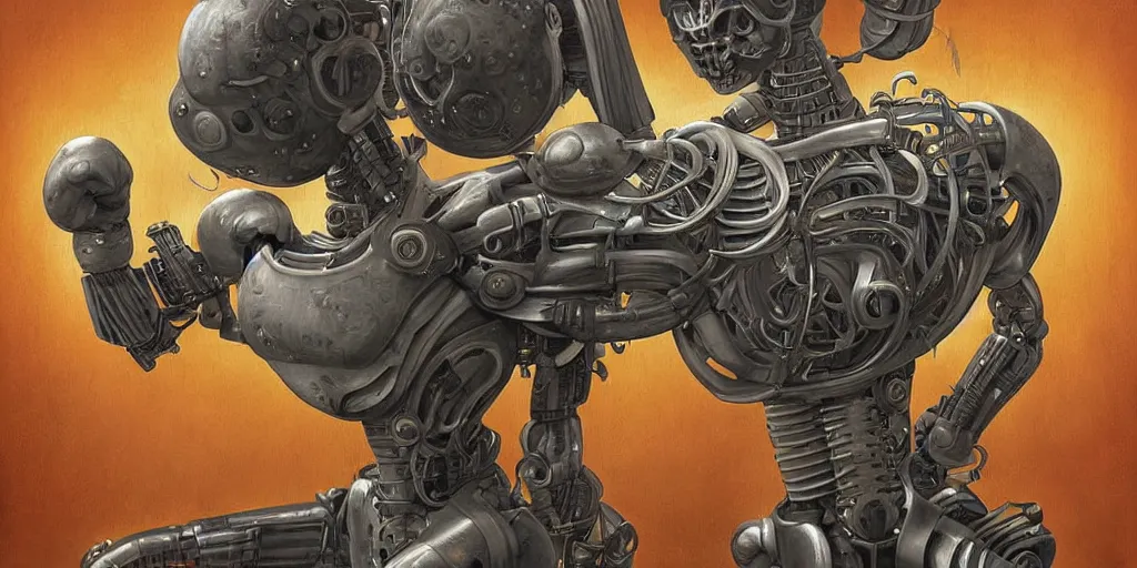 Prompt: digital painting of a robot doing boxing, by michael whelan and h. r. giger, highly detailed, steampunk, mix of styles, intricate, ghost in the shell color scheme, boxing, kickboxing, masterpiece