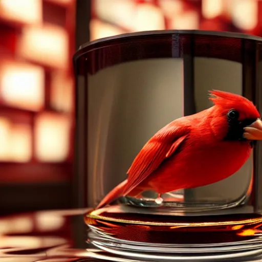 Image similar to a photorealistic photograph of a red Cardinal bird swimming inside of an Armagnac decanter at a polo lounge Trending on Artstation, featured on Behance, well-rendered, Unreal Engine, 4K HD