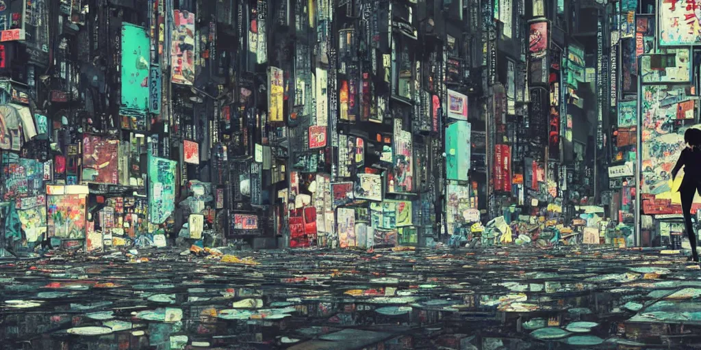 Image similar to incredible wide screenshot, ultrawide, paper texture, katsuhiro otomo ghost in the shell movie scene, backlit distant shot girl in a park, dark wet road, black parasol in deserted trash pile night shinjuku junk town, broken vending machines, smashed wall, bold graffiti, black road, reflection puddles, dark vignette