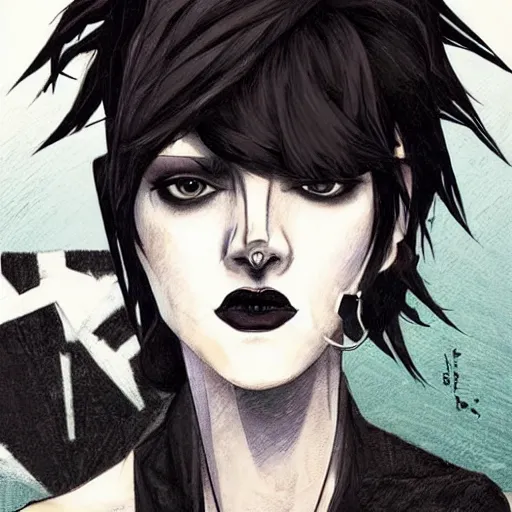 Prompt: an hd goth emo punk portrait drawn by josan gonzalez. her hair is dark brown and cut into a short, messy pixie cut. she has a slightly rounded face, with a pointed chin, large entirely - black eyes, and a small nose. she is wearing a black tank top, a black leather jacket, a black knee - length skirt, and a black choker.