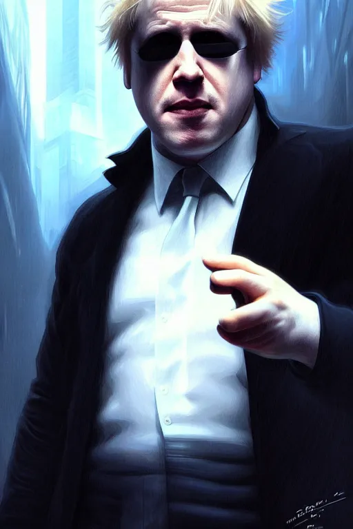 Image similar to Boris Johnson as Neo from The Matrix, portrait, highly detailed, digital painting, artstation, concept art, smooth, sharp focus, illustration, cinematic lighting, art by artgerm and greg rutkowski and alphonse mucha