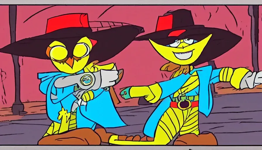 Image similar to saturday morning cartoon shot of an owl dressed as the lone ranger, screenshot from 1990s animated show