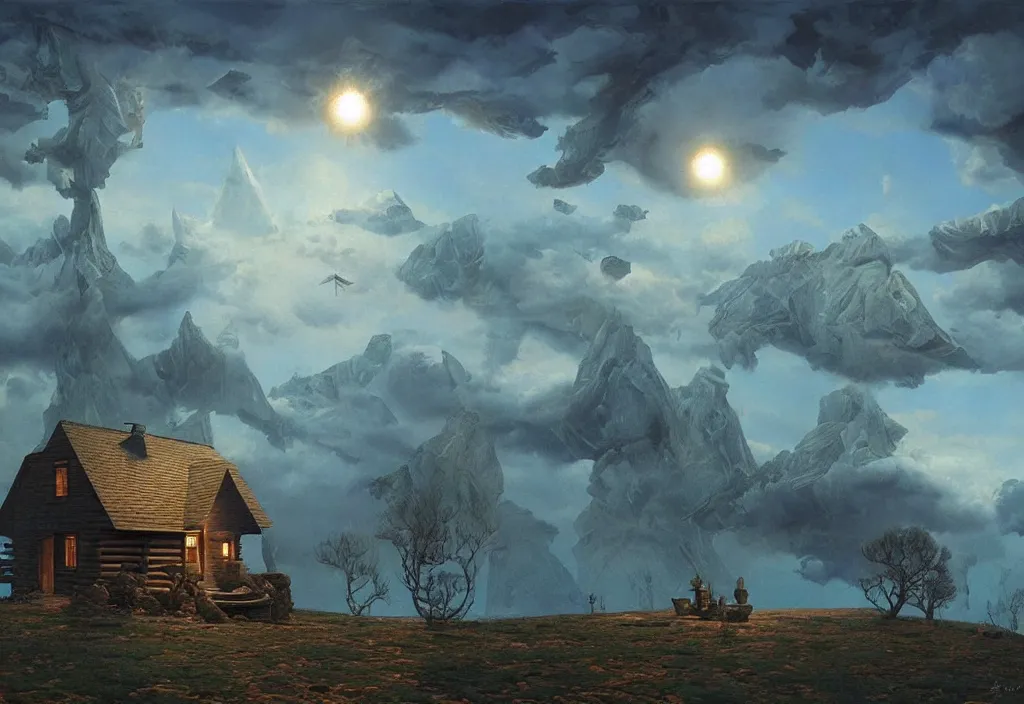 Prompt: a surreal cabin, art by james gurney and greg rutkowski, surrealism by salvador dali, very detailed, high resolution, inspired by rene magritte, volumetric lighting