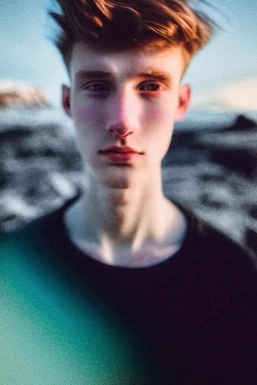 Prompt: high quality pastel coloured film mid angle selfie photograph of a beautiful young 2 0 year old male, soft features, short black hair, standing in an icelandic black rock environment. atmospheric. subsurface scattering. three point light. photographic. art directed. ( pastel colours ). volumetric light. clearcoat. waves glitch. 8 k. filmic.