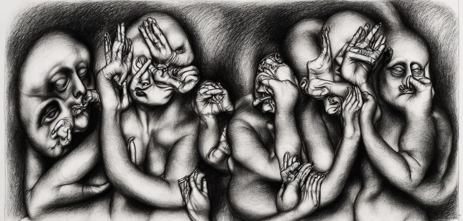 Image similar to see no evil, hear no evil, speak no evil, detailed drawing, pen and ink, monochrome, by hans bellmer