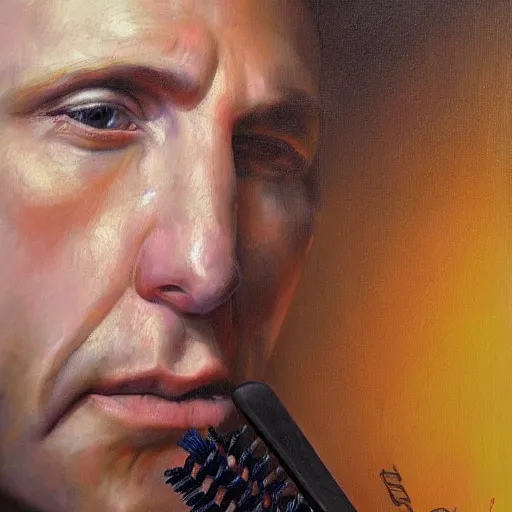 Prompt: stunning serene portrait of Maynard James Keenan singing into a hairbrush, by Mark Arian, oil on canvas, masterpiece, realism, piercing gaze, mercurial bokeh