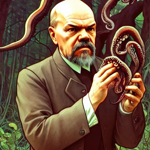 Image similar to photo of vladimir lenin is an octopus in the forest, highly detailed, digital painting, artstation, smooth, sharp focus, illustration, art by artgerm and greg rutkowski and alphonse mucha