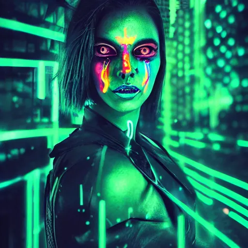 Image similar to a beautiful portrait illustration of a woman with glowing neon face paint on her face, cyberpunk art by Liam Wong and Ross Tran, featured on pexels, afrofuturism