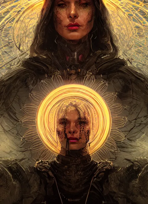 Image similar to portrait, queen of death, glowing halo, mandala, bokeh on background, dramatic lighting, cinematic, establishing shot, extremly high detail, foto realistic, cinematic lighting, post processed, concept art, artstation, matte painting, style by eddie mendoza, raphael lacoste, alex ross. 3d. octane render. by Tooth Wu and wlop and beeple and dan mumford