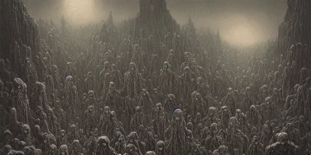 Prompt: an ultra detailed hellscape with ominous robed figures, art by beksinski