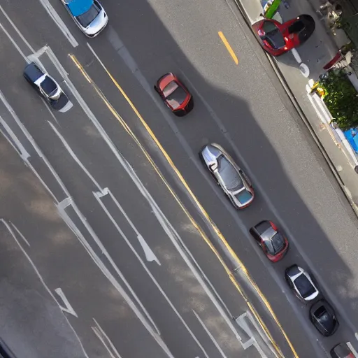 Prompt: A overhead shot taken from the second floor of a brown man parallel parking a white work van, in Vancouver, BC