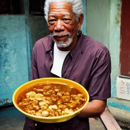 Image similar to morgan freeman as bakso seller