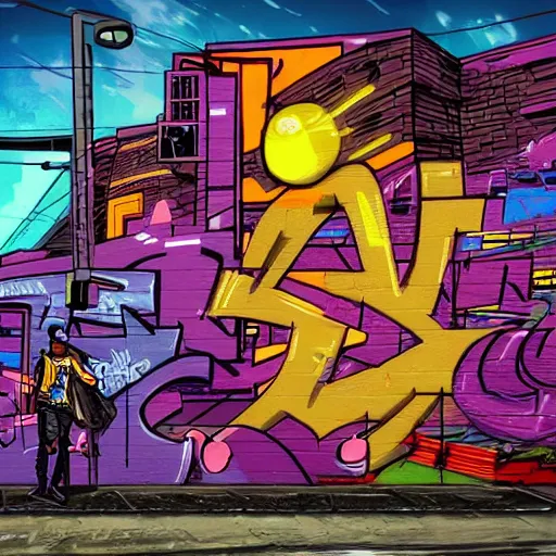 Image similar to graffiti on a wall in a cyberpunk city, happy mood, futuristic, high detail, sunset, realistic