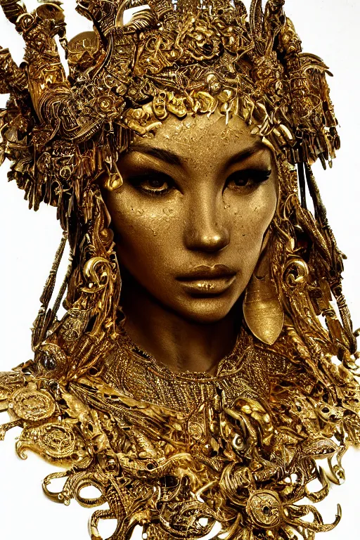 Image similar to sculpture made of gold, portrait, future, shaman, gold, close up, harper's bazaar, vogue, magazine, insanely detailed and intricate, concept art, ornate, luxury, elite, elegant, trending on artstation,