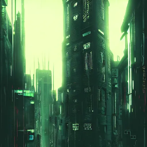 Image similar to Fully dark cyberpunk city with one building in the middle with only one window shining in style of Tsutomu Nihei. ArtStation, Cyberpunk, Vertical Symmetry, 8K, Highly Detailed, Intricate, Album Art.