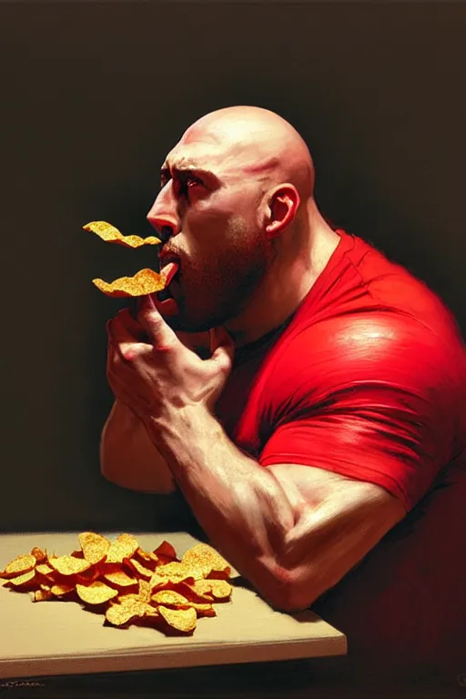 Prompt: close up portrait of the big guy ryback in a red t - shirt eating potato chips from a bag while sitting at a desk, portrait dnd, painting by gaston bussiere, craig mullins, greg rutkowski, yoji shinkawa