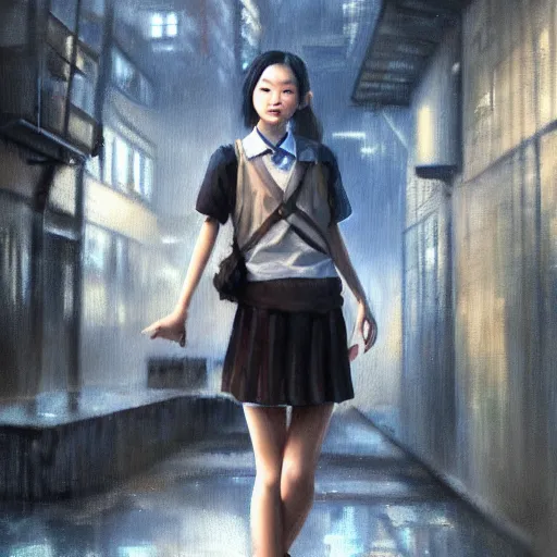 Image similar to a perfect, realistic professional oil painting of a Japanese schoolgirl posing in a dystopian alleyway, close-up, by a professional American senior artist on ArtStation, a high-quality hollywood-style concept