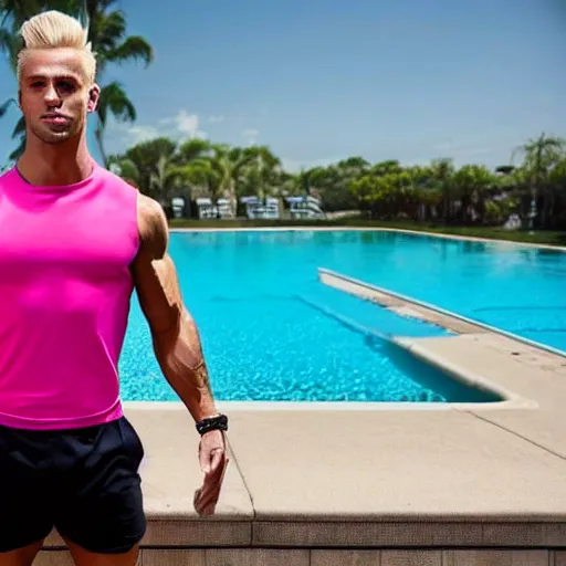 Image similar to a handsome male fitness model with blonde hair, ken, who is a male android, muscular, wearing a cut - off pink top and short light orange shorts, stands by a swimming pool, facing forward