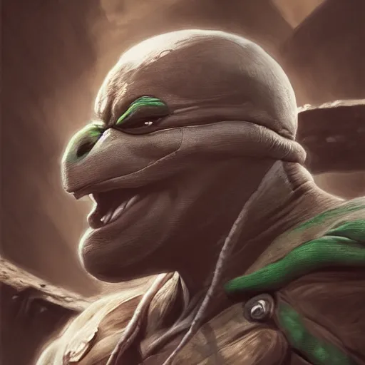 Image similar to teenage mutant ninja turtle, michelangelo, old, white beard, wrinkles, handsome, portrait, profile, intricate, detailed, volumetric lighting, scenery, digital painting, highly detailed, artstation, sharp focus, illustration, concept art, ruan jia, steve mccurry