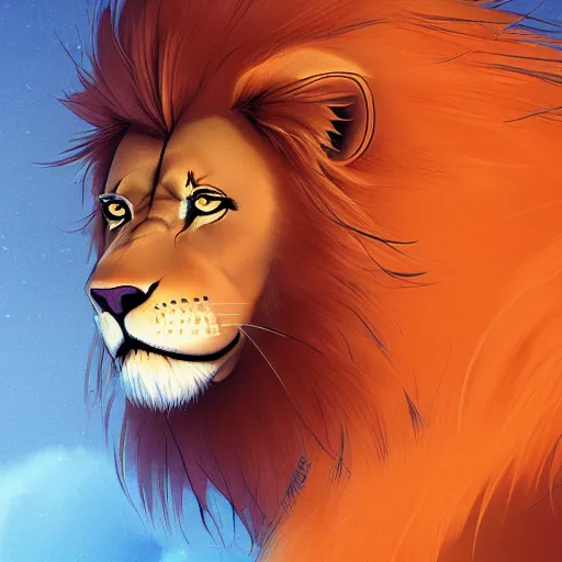 Image similar to portrait of a lion man warrior, fursona, furry art, anthro, light orange fur, detailed long dark orange mane, orange eyes, anime key visual, makoto shinkai