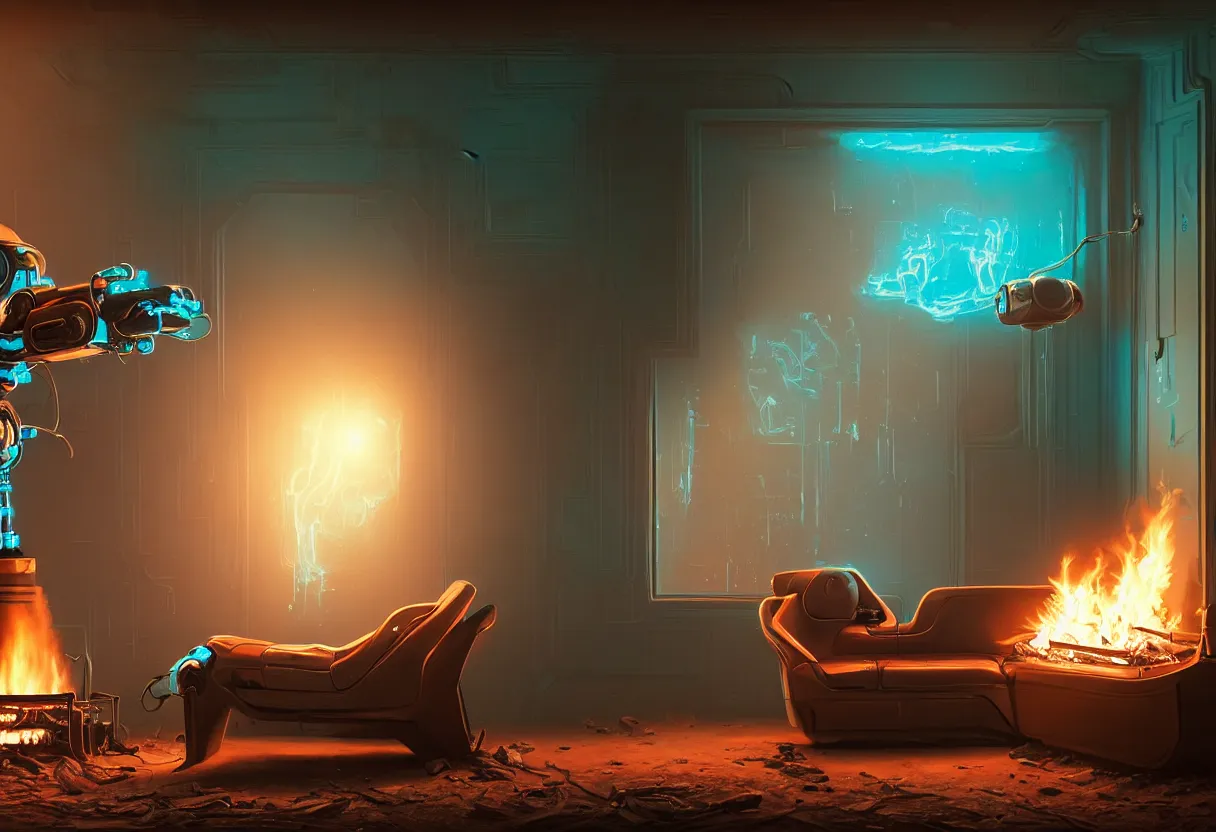 Image similar to A closeup portrait of a lone solitary cyan and brown decaying futuristic robot seated on a fainting couch facing a roaring fire in a huge fireplace in a dusty Victorian home, cold blue light from the window, with cinematic lighting and lens flare, tall ceiling, octane render, by Simon Stalenhag and Gregory Crewdson and Alfonso Cuaron, award-winning highly detailed 8k anamorphic closeup tight cinematic movie photograph