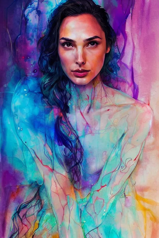 Image similar to gal gadot by agnes cecile enki bilal moebius, intricated details, sitting on a stool, full body portrait, extremely luminous bright design, pastel colours, drips, autumn lights