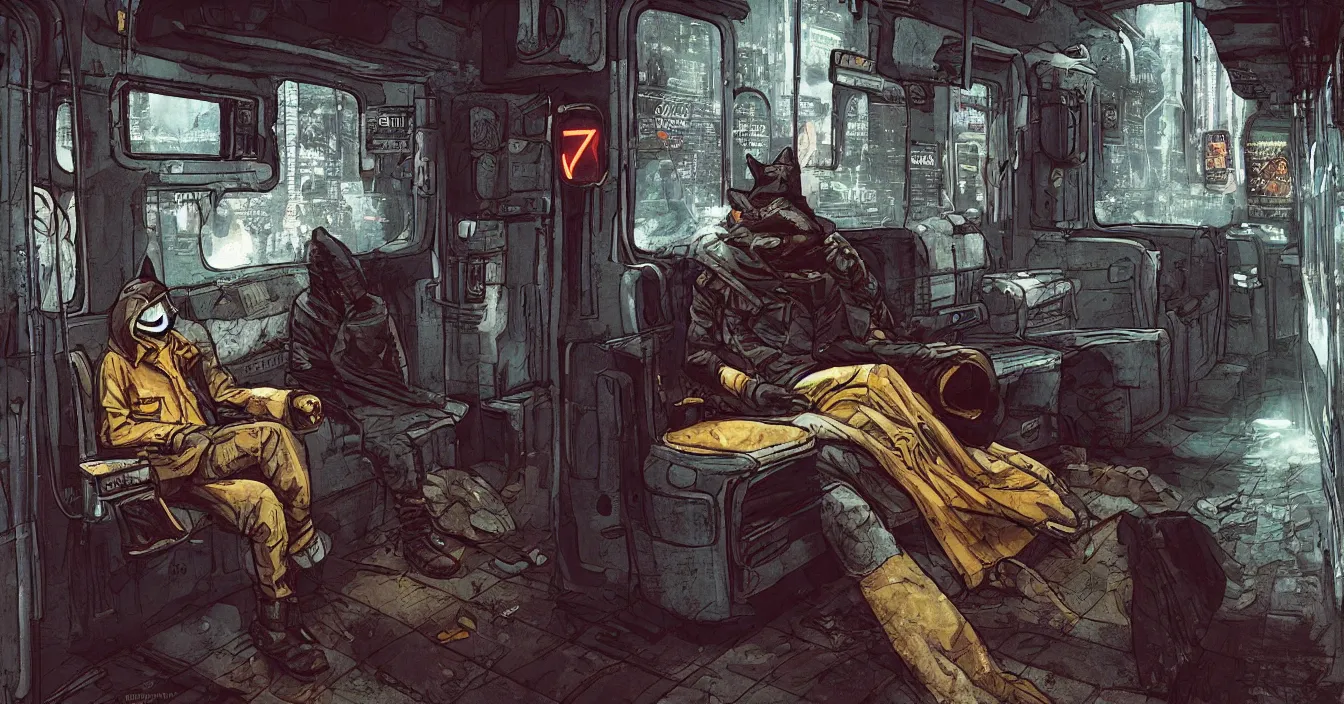 Image similar to Imagination of intelectual homeless fox with hood over head and old coat, sits on a dirty cold seat in a old cyberpunk subway car, cyberpunk 2077, amazing digital art