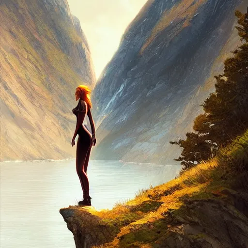 Image similar to a beautiful woman laying on the edge of a cliff above a fjord, in the style of greg rutkowski, artgerm, artstation, forest in background, highly detailed, digital art, gorgeous