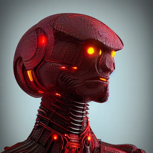 Image similar to sophisticated portrait of glowing, warm, reddish, atmospheric, misty, leds, futuristic cybernetic warrior alien in profile, highly intricate, detailed humanoid, trending on artstation