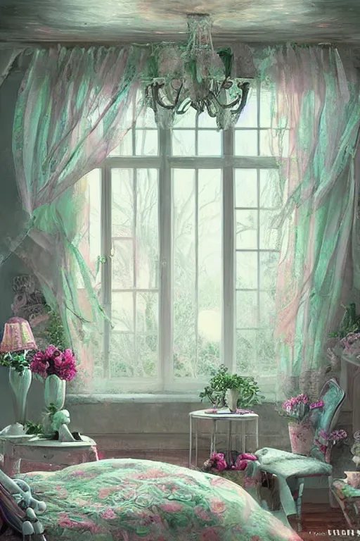 Image similar to matte sharp painting shabby chic room with windows james gurney, artgerm, lisa frank, artstation behance storybook