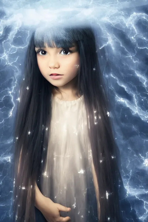 Prompt: a very young girl with long black hair and chequered!! robe!! is watching a storm inside a symmetrical fantasy crystal. atmospheric, eyes are shining, 4 k, highly detailed. surrounded by golden rays of light