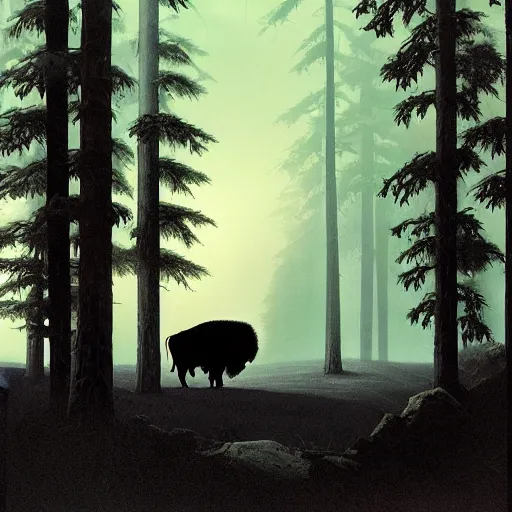 Prompt: a colossal bison in the clearing of a foreboding, misty, dark pine forest. silhouette. atmospheric volumetric fog. digital matte painting by Angus McBride and David Mattingly.