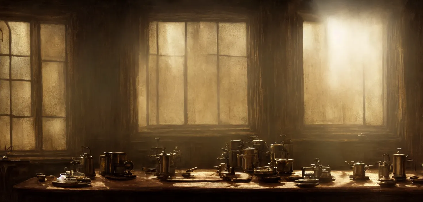 Prompt: steampunk kitchen design by h. r. giger, early morning, light coming in through the window, dust moats, bokeh, closeup, rule of thirds, roger deakins, ridley scott, jan urschel, john singer sargent, mandelbulb, sorolla, ghibli