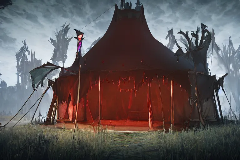 Image similar to render of a dark fantasy gothic circus tent, artstaton, League of Legends, red dead redemption2, overwatch, digital illustration