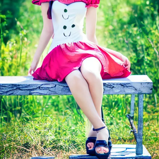 Image similar to anime kerli koiv young female model sitting on bench photography sun dress beautiful face and body, dramatic light 8 0 mm camera