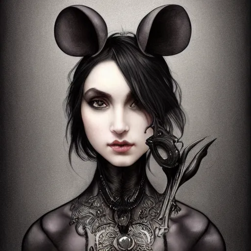 Image similar to a photograpic portrait of a anthropomorphic mouse wearing black clothes, black hair, grey skin, grey mouse ears, fantasy, intricate, elegant, highly detailed, digital painting, artstation, smooth, sharp focus, illustration, art by artgerm and H R Giger and alphonse mucha