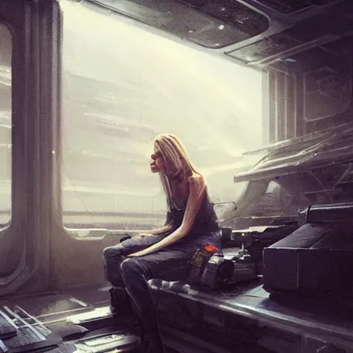 Image similar to concept art by greg rutkowski, a very tall, and slender woman with blond hair, sitting with the crew in the ship's flight deck, brutalist futuristic interior, dark lighting atmosphere, detailed portraits, nostalgic atmosphere, scifi, digital painting, artstation, concept art, smooth, sharp foccus ilustration, artstation hq