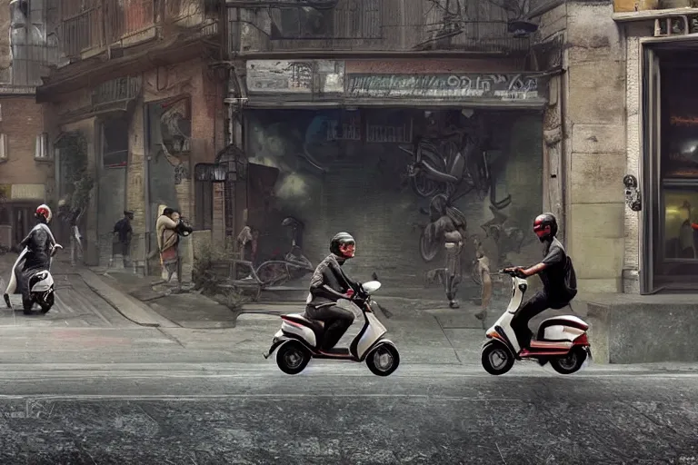 Image similar to moped scooter racing on the street, hyper realistic, very detailed, dramatic scene, realistic lighting, dark fantasy, 4 k, in the style of greg rutkowski