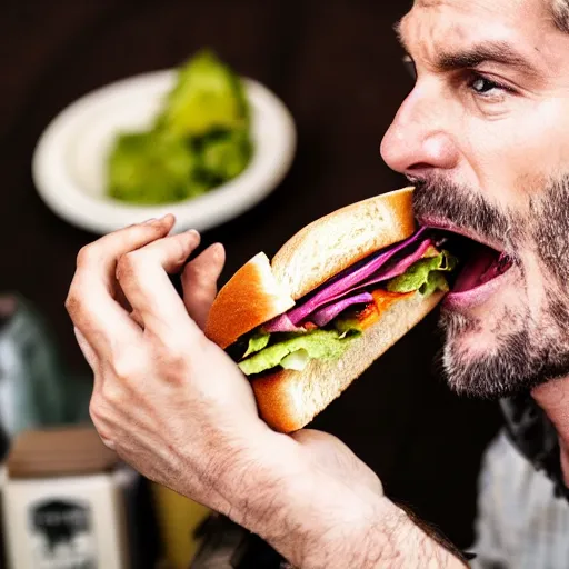 Image similar to a man struggling to eat a sandwich because his hands are scissors