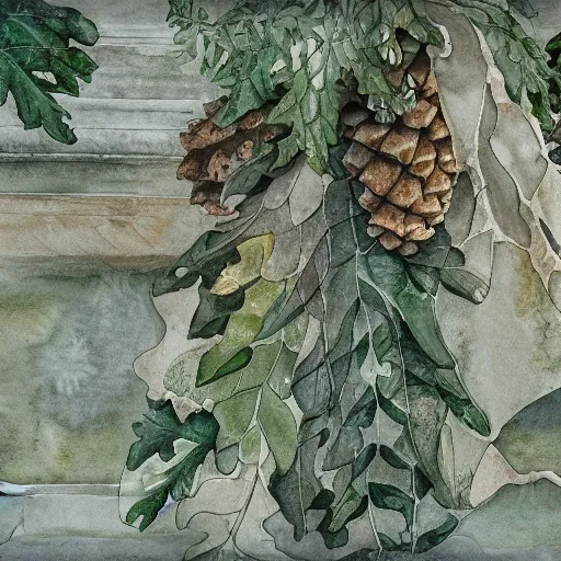 Image similar to delicate marble garden on paper floating puffy vines botanical 1 9 2 0 herbarium botanic watercolors coastline iridescent 8 k wide angle realistic shaded fine details, artstation italian rainbow colonnade oak pinecone gardena architecture pompeii boundary wall