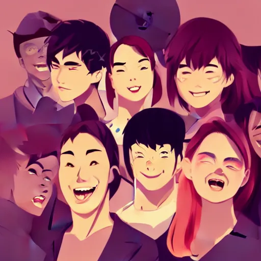 Image similar to group of smiling collegues, clean cel shaded vector art. shutterstock. behance hd by lois van baarle, artgerm, helen huang, by makoto shinkai and ilya kuvshinov, rossdraws, illustration