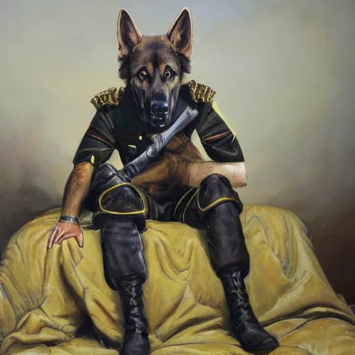 Image similar to a oil painting of a humanoid german shepherd beast - man, wearing military outfit, sitting on the carpeted floor beside a bed