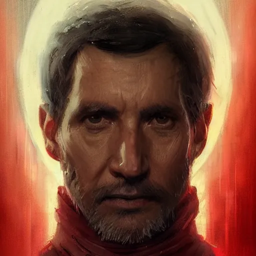 Prompt: portrait of a man by greg rutkowski, royalti jedi knigh, short black hair, star wars expanded universe, he is about 5 0 years old, elegant, prideful, wearing red jedi armor, highly detailed portrait, digital painting, artstation, concept art, smooth, sharp foccus ilustration, artstation hq